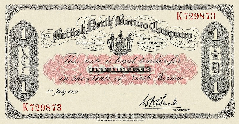 British North Borneo banknotes, $1 Dollar, 1940, Pick P-29, UNC