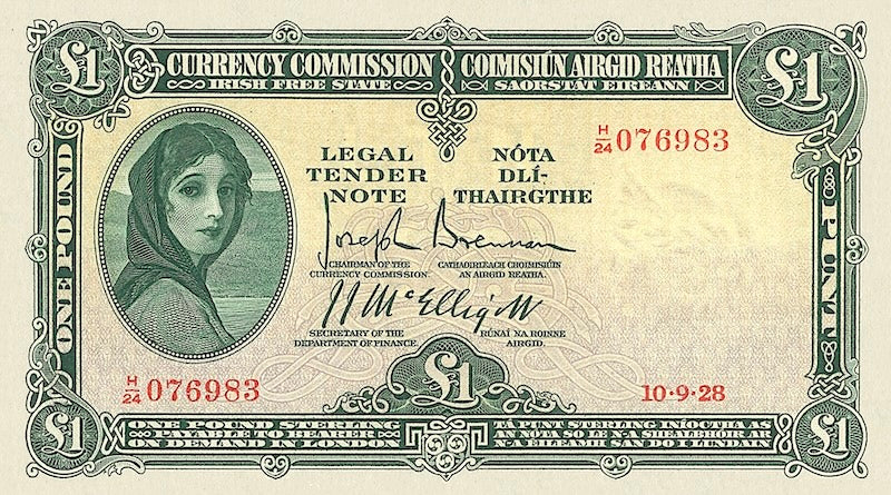 Ireland banknotes, Irish Free State (Saorstát Éireann), Lady Lavery Issue,  £1 Pound, 1928, Pick  P-2A, UNC