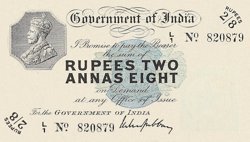 British India banknote, King George V, 2 Rupees 8 Annas, 1917, Pick P-2, UNC