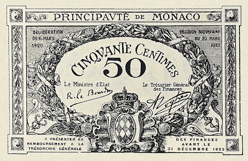 Monaco banknotes, Emergency Issue, 50 Centimes, 1920, Pick P-3, UNC