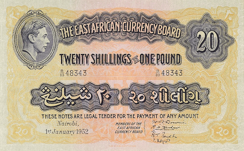 British East Africa banknotes, King George VI, 20 Shillings, 1938, Pick P-30, UNC