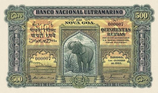 Portuguese India banknote, Banco Nacional Ultramarino, 500 Rupias, 1924, Pick P-30, UNC