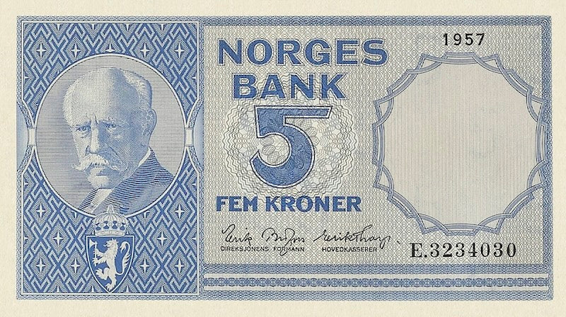 Norway banknotes, Norges Bank, 5 Kroner, 1957, Pick P-30, UNC