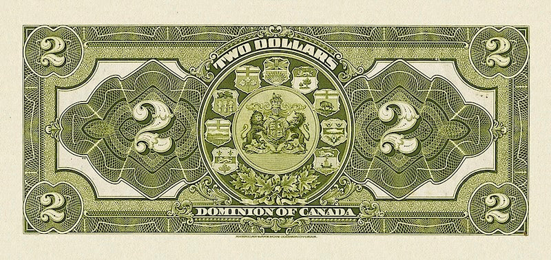 Dominion of Canada banknote, $2 Dollars, 1914, Pick P-30, UNC