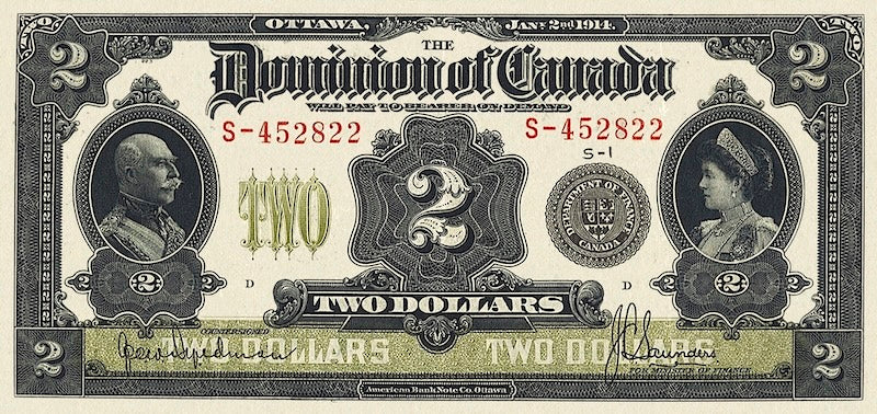 Dominion of Canada banknote, $2 Dollars, 1914, Pick P-30, UNC