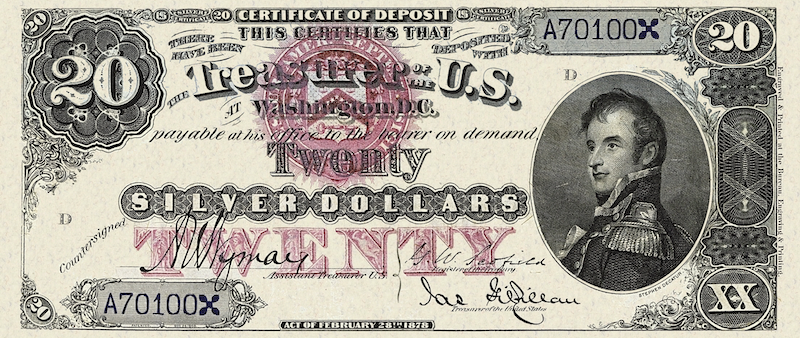 United States Treasury Silver Certificates banknote, $20 Dollars, 1878, Pick P-310, UNC