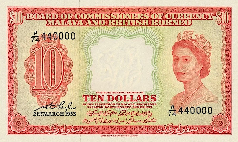 Malaya & British Borneo banknotes, Elizabeth II, $10 Dollars, 1953, Pick P-3, UNC