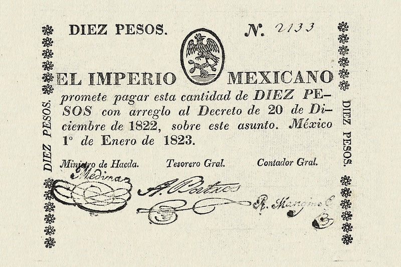 Mexico banknote, Imperio Mexicano, 10 Pesos, 1823, Pick P-3, UNC