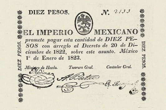 Mexico banknote, Imperio Mexicano, 10 Pesos, 1823, Pick P-3, UNC