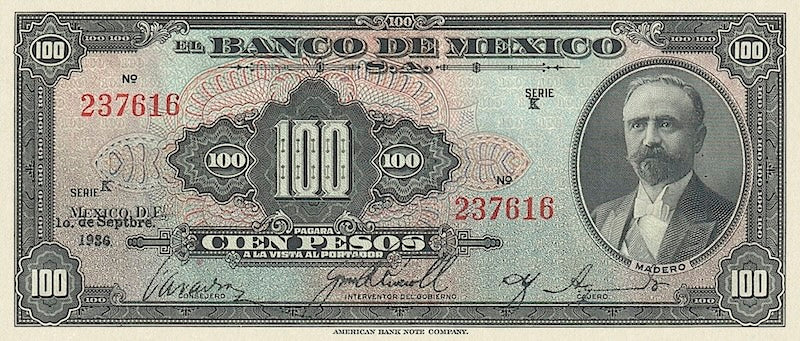 Mexico banknote, Banco de México, 100 Pesos, 1936, Pick P-31, UNC