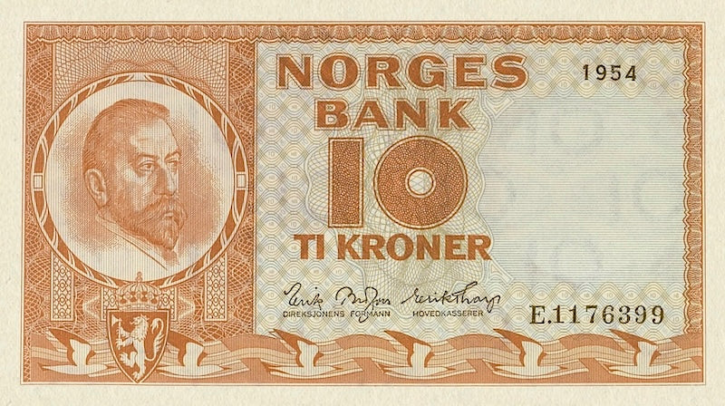 Norway banknotes, Norges Bank, 10 Kroner, 1954, Pick P-31, UNC