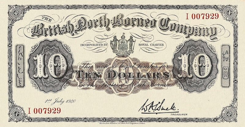 British North Borneo banknotes, $10 Dollars, 1940, Pick P-31, UNC