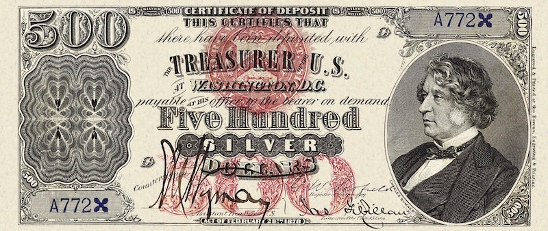 United States Treasury Silver Certificates banknote, $500 Dollars, 1878, Pick P-313, UNC