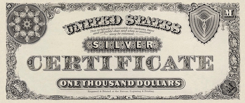 United States Treasury Silver Certificates banknote, $1000 Dollars, 1878, Pick P-314, UNC