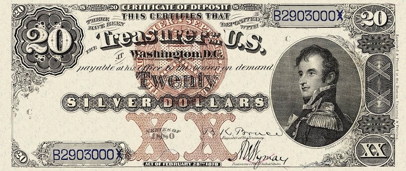 United States Treasury Silver Certificates banknote, $20 Dollars, 1880, Pick P-316, UNC