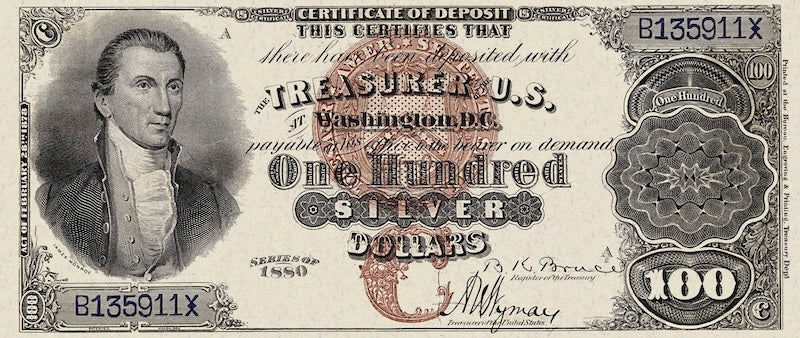United States Treasury Silver Certificates banknote, $100 Dollars, 1880, Pick P-318, UNC