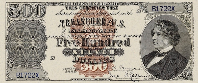 United States Treasury Silver Certificates banknote, $500 Dollars, 1880, Pick P-319, UNC