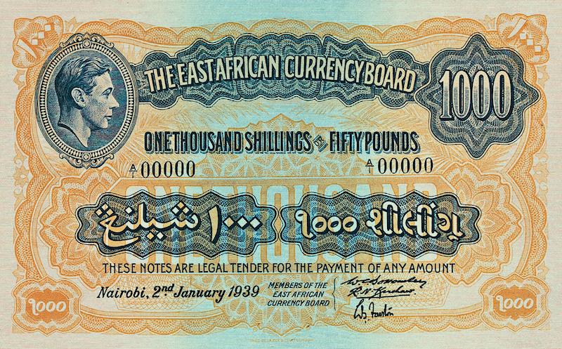 British East Africa banknotes, King George VI, 1000 Shillings, 1938, Pick P-31B, UNC