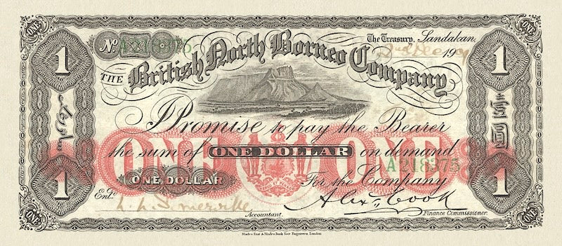 British North Borneo banknotes, $1 Dollar, 1886, Pick P-3, UNC
