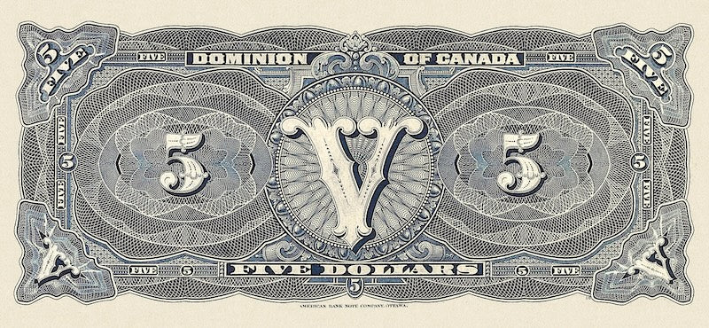 Dominion of Canada banknotes, $5 Dollars without seal, 1912, Pick P-31c, UNC