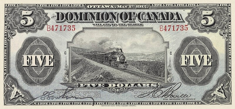 Dominion of Canada banknotes, $5 Dollars without seal, 1912, Pick P-31c, UNC