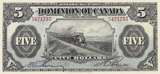 Dominion of Canada banknotes, $5 Dollars without seal, 1912, Pick P-31c, UNC