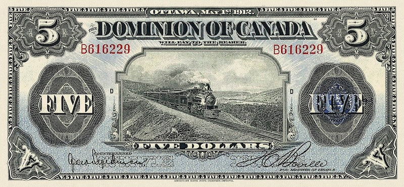 Dominion of Canada banknotes, $5 Dollars, 1912, Pick P-31d, UNC