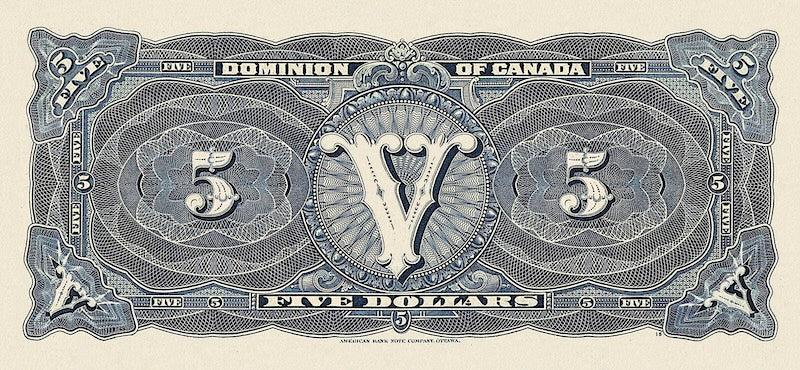 Dominion of Canada banknotes, $5 Dollars, 1912, Pick P-31d, UNC