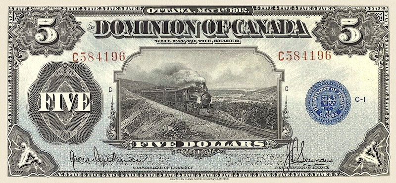 Dominion of Canada banknotes, $5 Dollars with seal, 1912, Pick P-31f, UNC