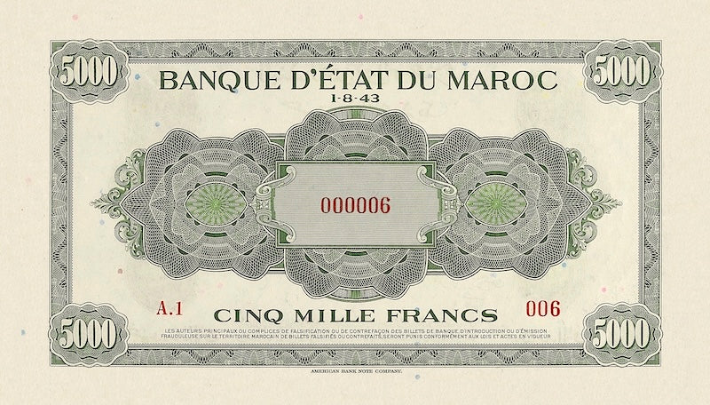 Morocco banknote, Banque d'Etat Du Maroc, World War II Issue, 5000 Francs, 1943, Pick P-32, UNC