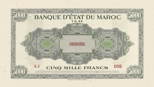 Morocco banknote, Banque d'Etat Du Maroc, World War II Issue, 5000 Francs, 1943, Pick P-32, UNC