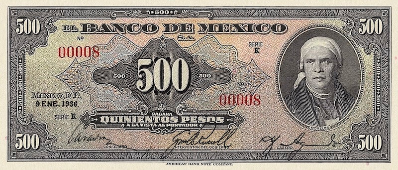 Mexico banknote, Banco de México, 500 Pesos, 1936, Pick P-32, UNC