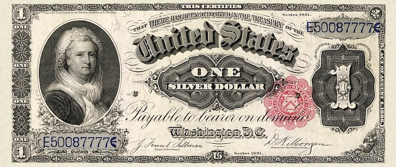 United States Treasury Silver Certificates banknote, $1 Dollar, 1891, Pick P-326, UNC