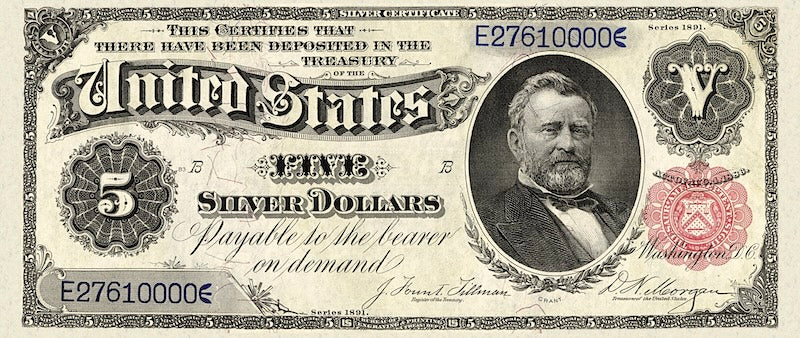 United States Treasury Silver Certificates banknote, $5 Dollars, 1891, Pick P-328, UNC