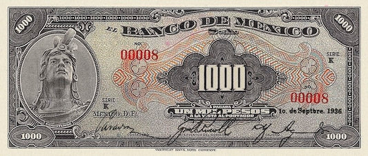 Mexico banknote, Banco de México,  1000 Pesos, 1936, Pick P-33, UNC