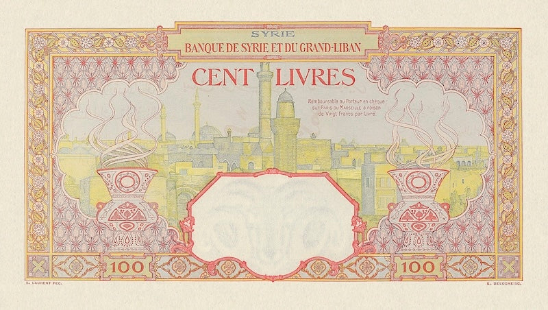 Syria banknote, Banque de Syrie et du Grand-Liban, 100 Livres, 1930, Pick P-33, UNC