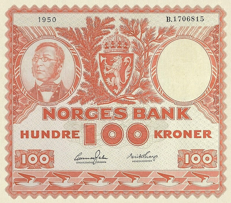 Norway banknotes, Norges Bank, 100 Kroner, 1950, Pick P-33, UNC