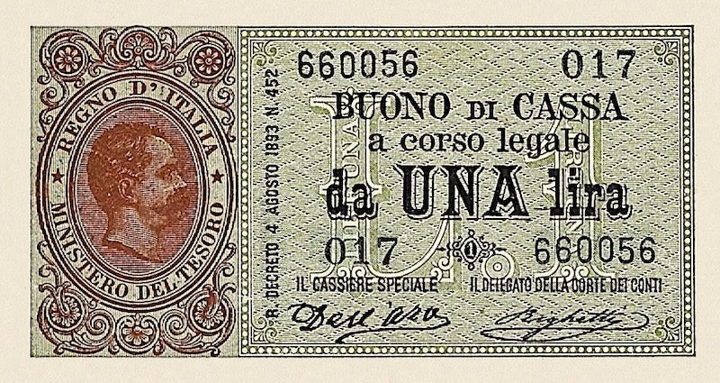 Italy banknote, Buono Di Cassa, Umberto I Issue, 1 Lira, 1893, Pick P-33, UNC