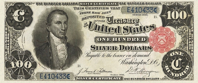United States Treasury Silver Certificates banknote, $100 Dollars, 1891, Pick P-333, UNC