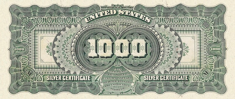 United States Treasury Silver Certificates banknote, $1000 Dollars, 1891, Pick P-334, UNC