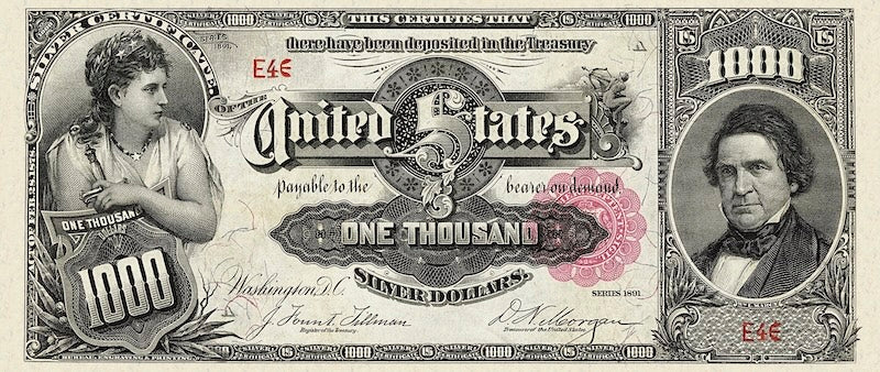 United States Treasury Silver Certificates banknote, $1000 Dollars, 1891, Pick P-334, UNC