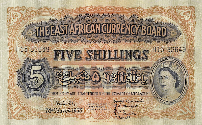 British East Africa banknotes, Queen Elizabeth II, 5 Shillings, 1953, Pick P-33, UNC