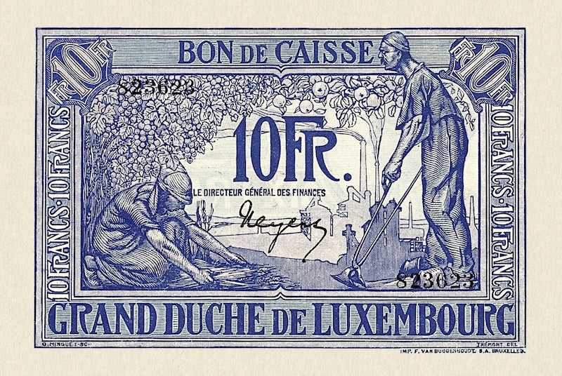 Luxembourg banknotes, Bon de Caisse Issue, 10 Francs, 1923, Pick P-34, UNC