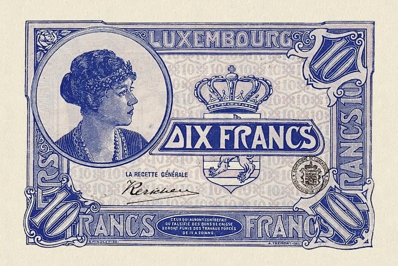 Luxembourg banknotes, Bon de Caisse Issue, 10 Francs, 1923, Pick P-34, UNC