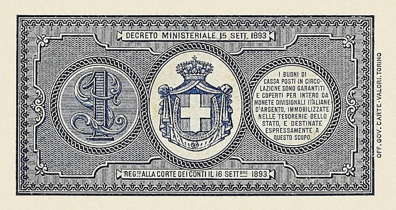 Italy banknote, Buono Di Cassa, Umberto I Issue, 1 Lira, 1893, Pick P-34, UNC
