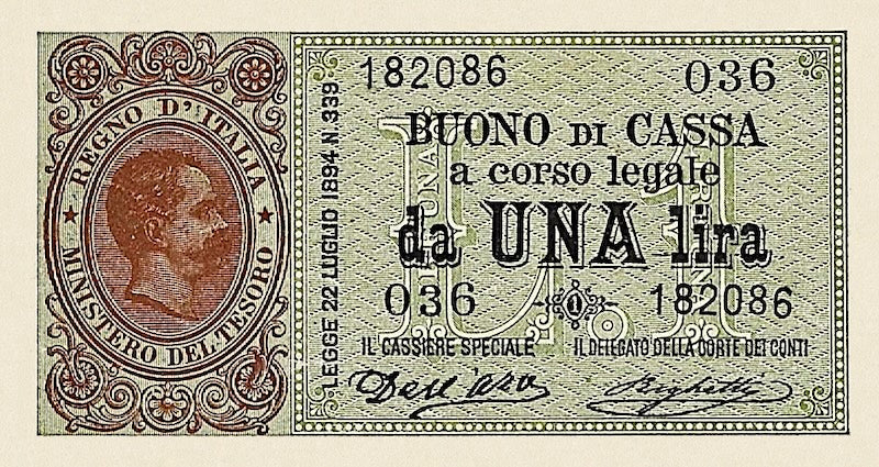 Italy banknote, Buono Di Cassa, Umberto I Issue, 1 Lira, 1893, Pick P-34, UNC