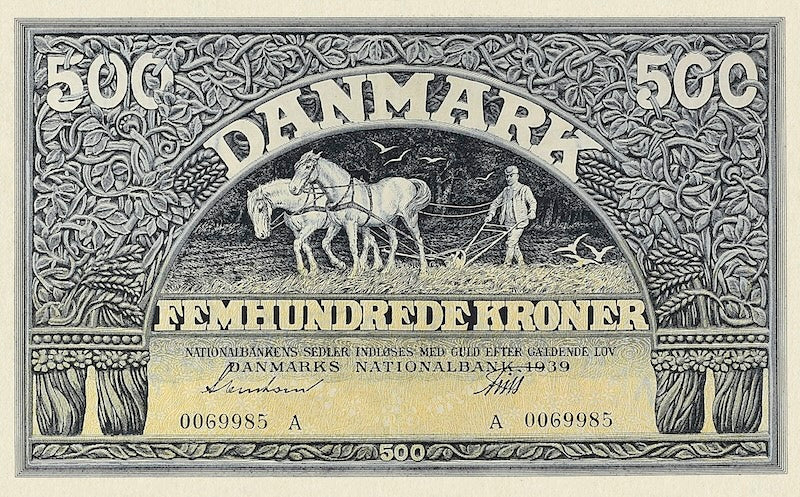 Denmark banknotes, Danmarks Nationalbank, 500 Kroner, 1937, Pick P-34 UNC