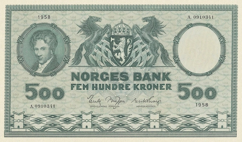 Norway banknotes, Norges Bank, 500 Kroner, 1958, Pick P-34, UNC