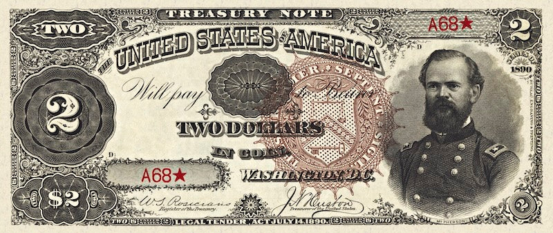 United States Treasury Notes banknote, The Grand Watermelon, $2 Dollars, 1890, Pick P-345, UNC