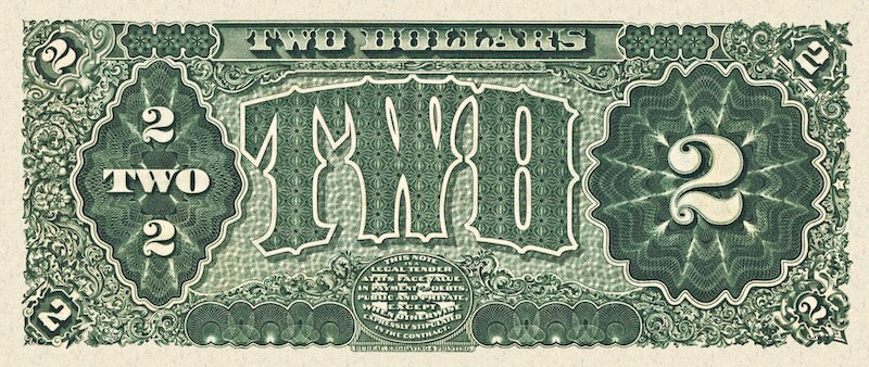 United States Treasury Notes banknote, The Grand Watermelon, $2 Dollars, 1890, Pick P-345, UNC